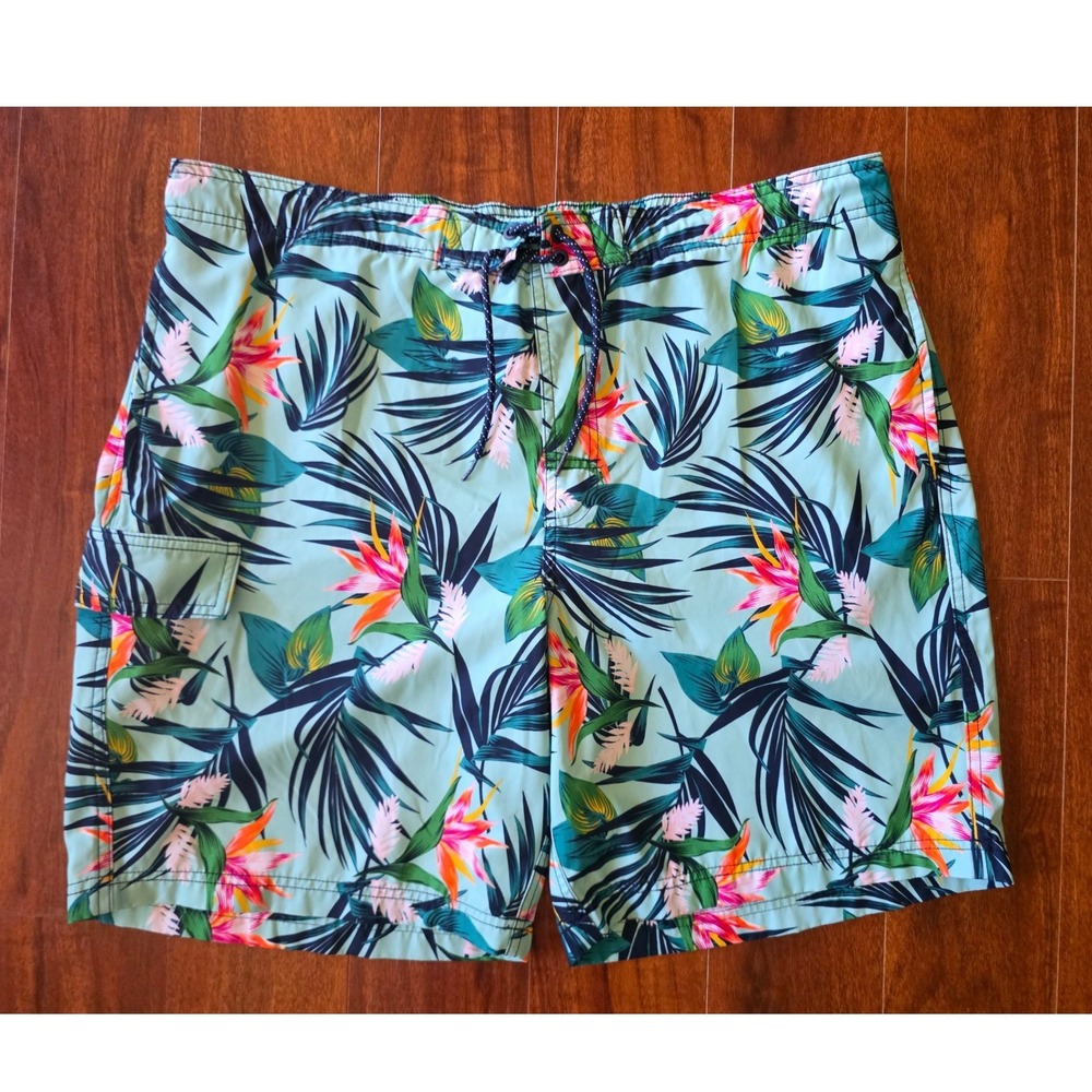 George Mens Tropical Bird of Paradise Swim Trunks Board Shorts Teal XL 40-42